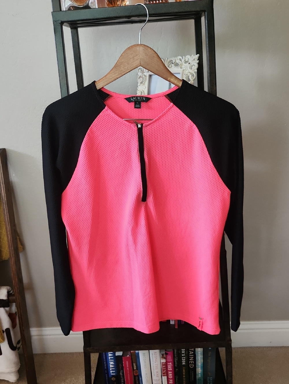 Lauren Ralph Lauren Neon Pink and Black Half-Zip Long Sleeve Top